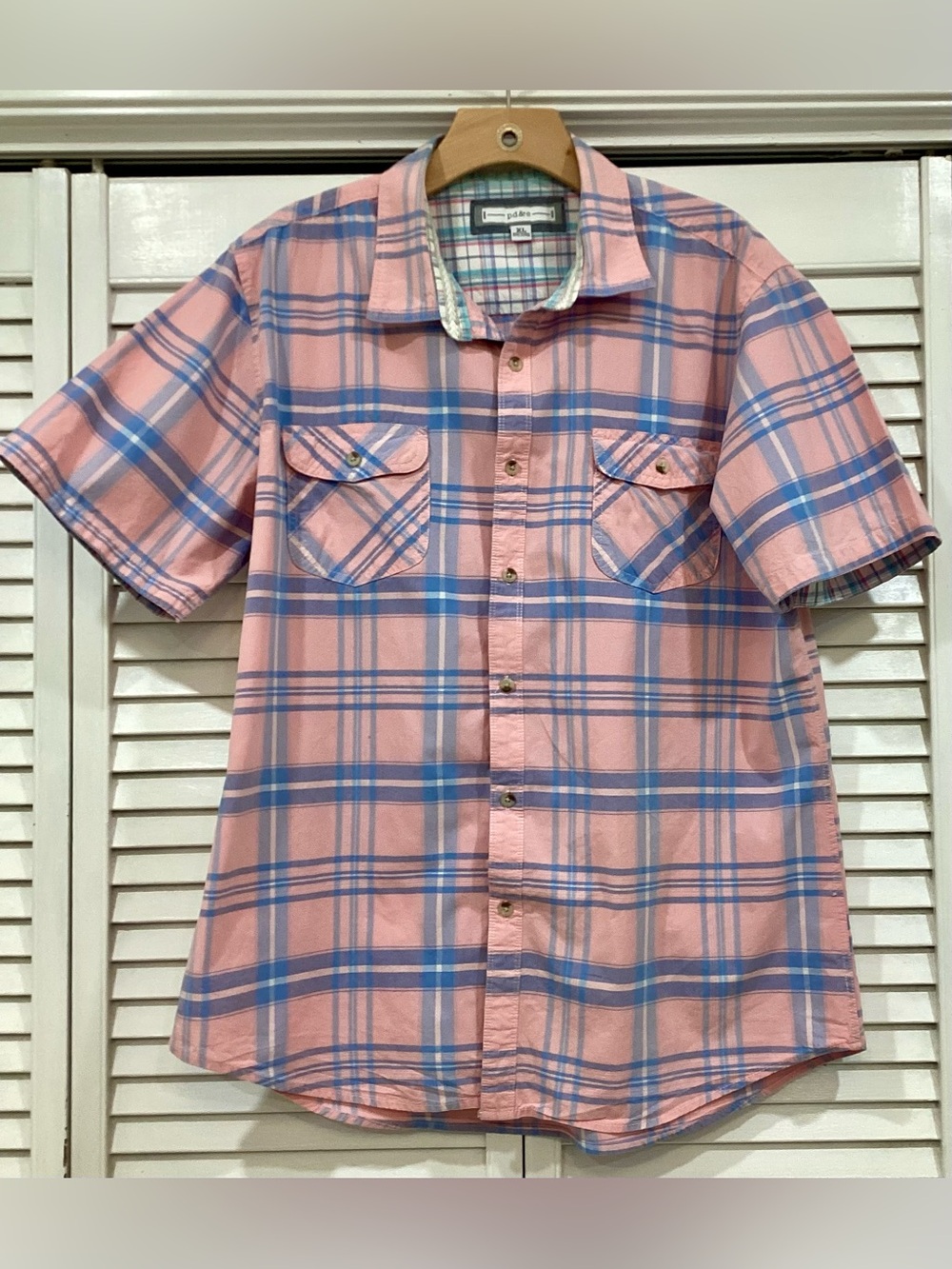 PD&C XL Pink & Blue Plaid Western Style Short Sleeve Shirt Two Chest Pockets